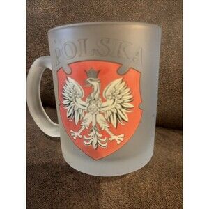 Polska Poland Frosted Glass Coffee Mug Polish Eagle Crest Coat of Arms 8oz